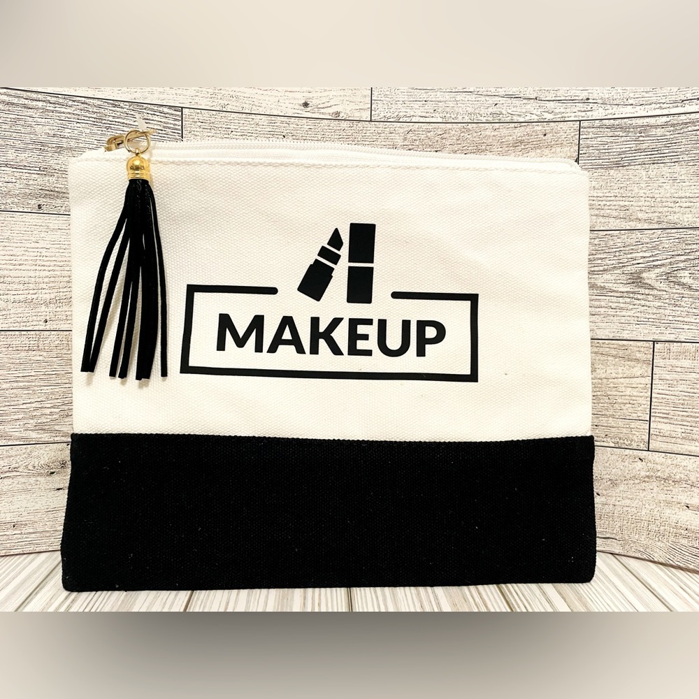 Canvas Makeup Pouch, Cosmetic Bag, Black Cream Colored